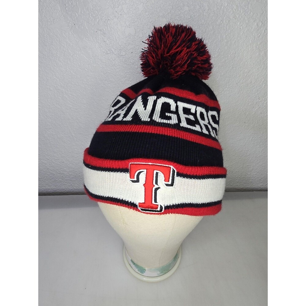 Texas Rangers Hat Cap Knit Pom Mens One Size Blue Red MLB Baseball New Era